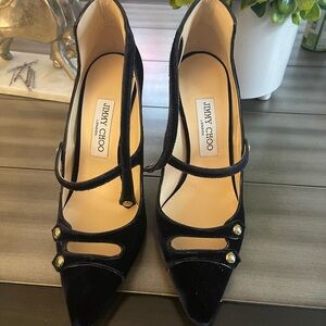 Jimmy Choo Black Velvet Heels with Gold Accents